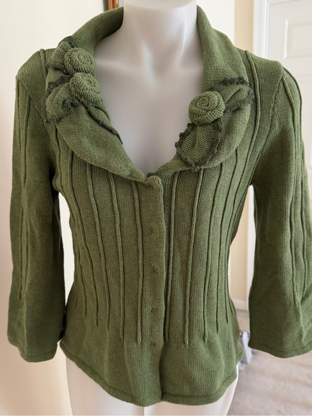 Cabi Green Knit Women's Button Snap  Sweater Cardigan Sz Med